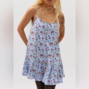 NWOT Urban Outfitters Mini Babydoll Camille Blue Dress with Floral Print XS PT
